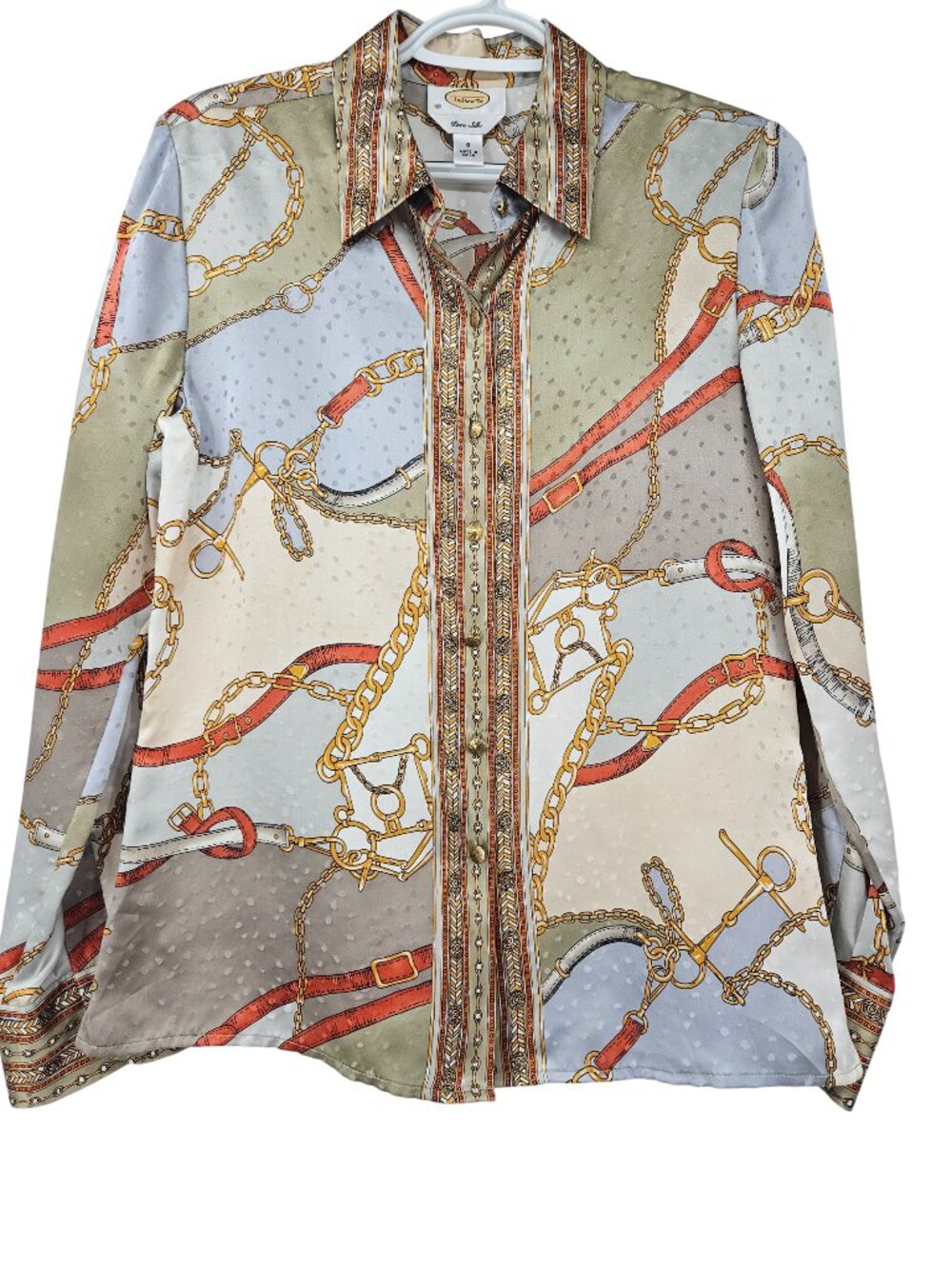 Talbots Vintage Silk Equestrian Chain Print Blouse Top Women's Size 8 Preppy